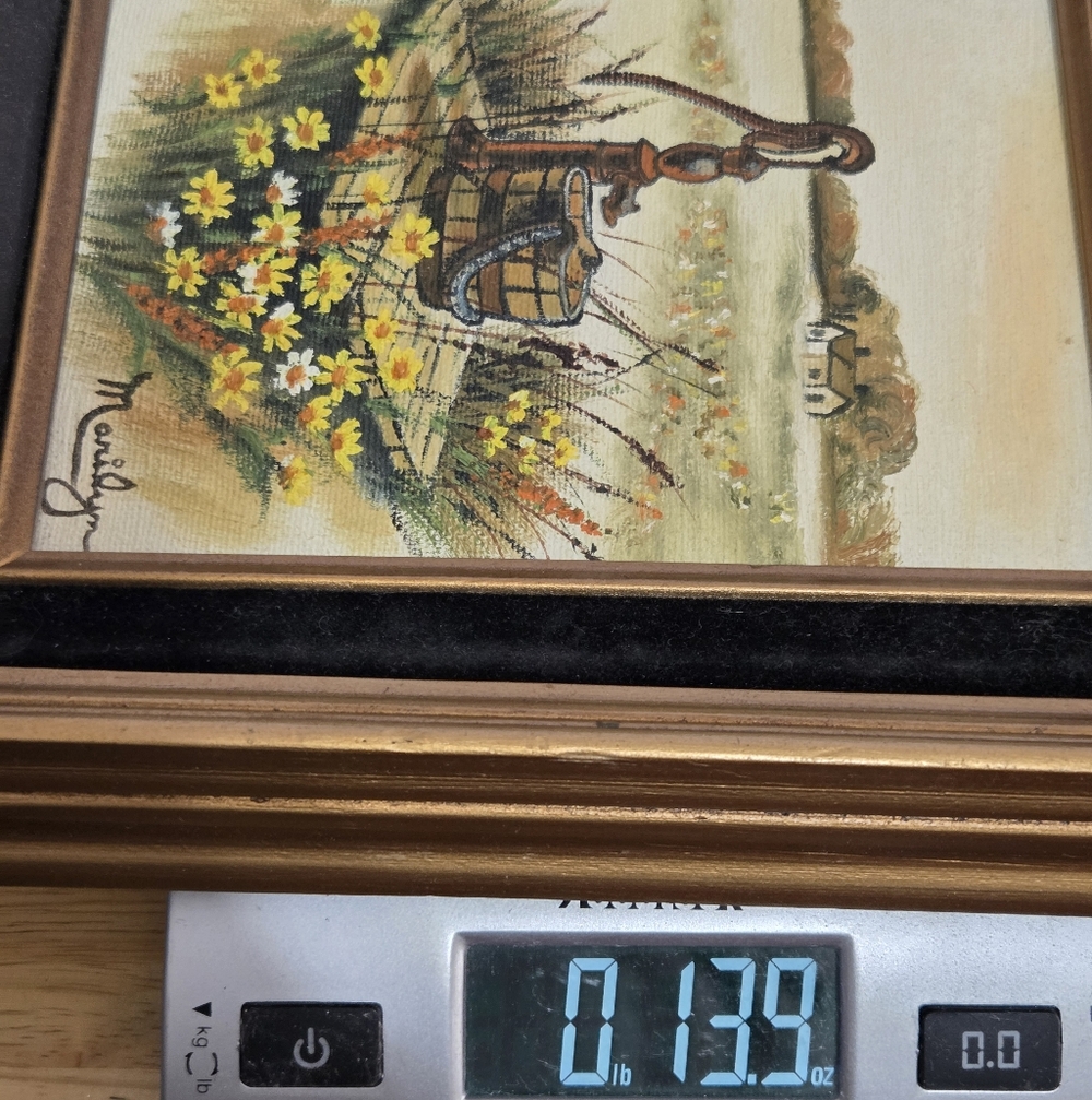 VTG Landscape Oil Painting Countryside Water Well Yellow Daisies Framed Marilyn - Picture 7 of 8
